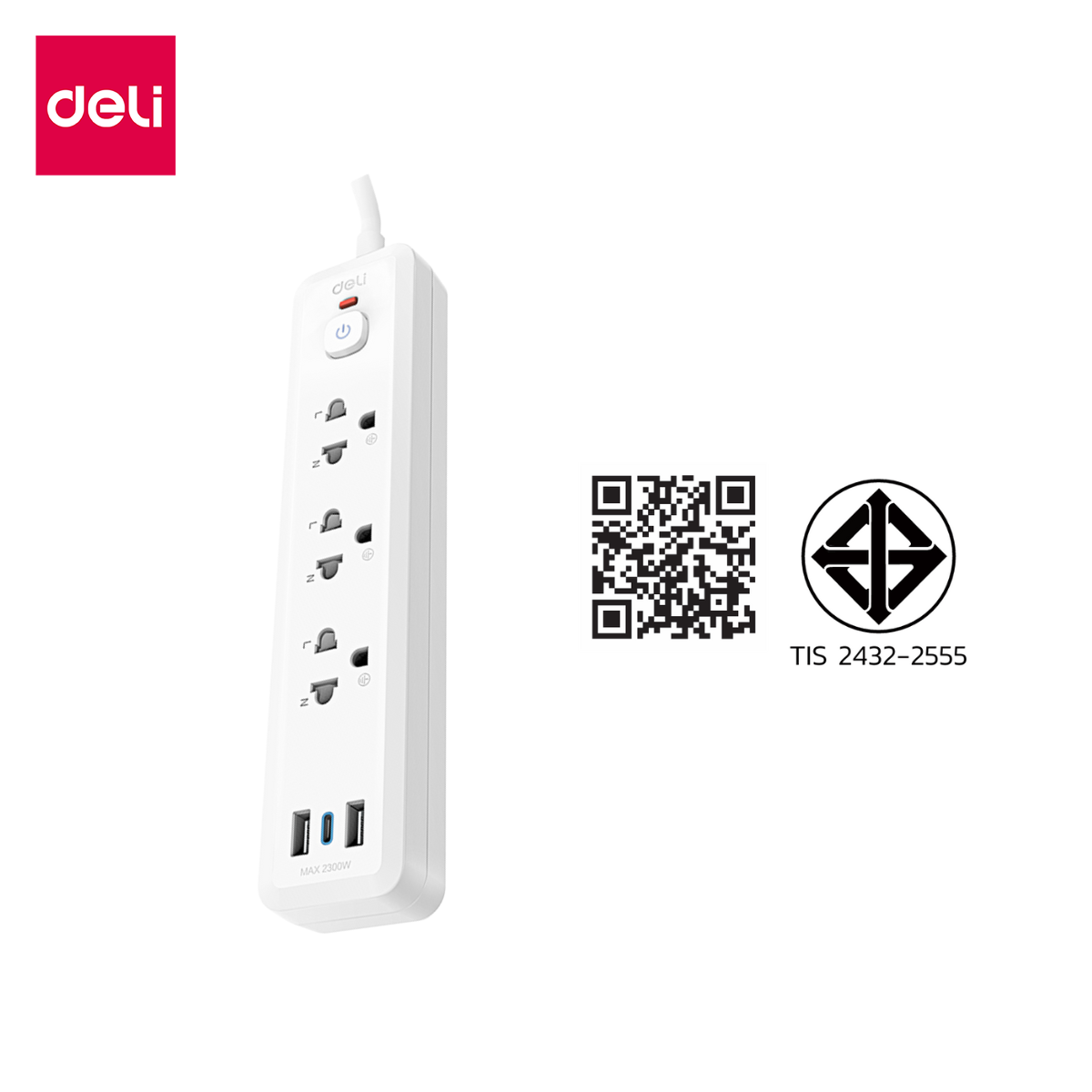 ปลั๊กไฟสามตา 3ช่อง 2USB 1TypeC 3M Deli CT497-WH-01 สีขาว_0